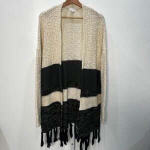 Bohemian Fringe Hem Cardigan Sweater Women L Cream Black Colorblock Neutral Cozy